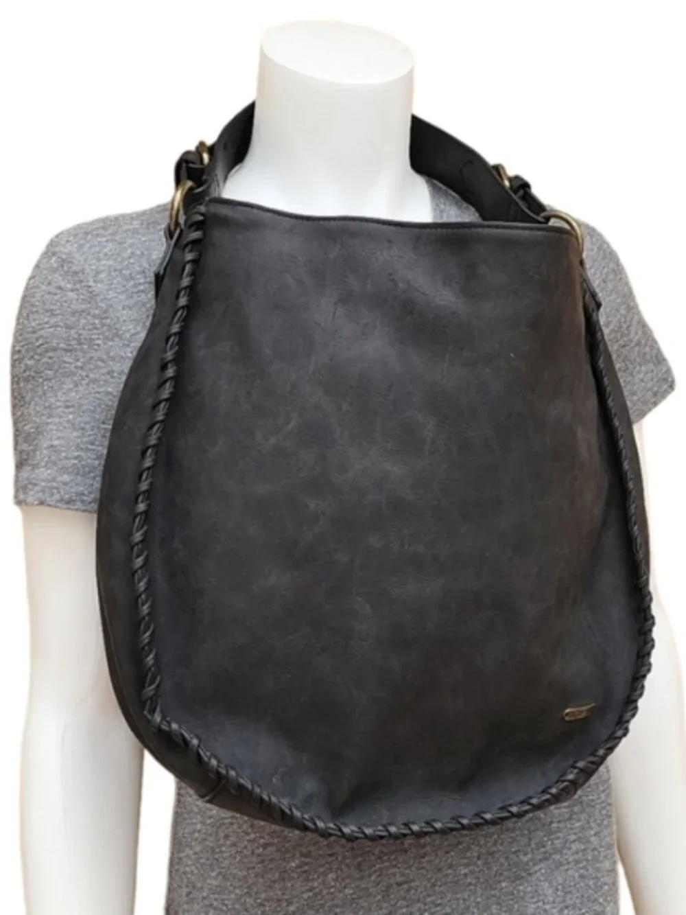 ELLE JAE GYPSET ANTHRO Black Whipstitch Studded Hobo Shoulder Bag Purse Vegan